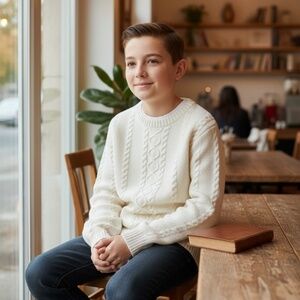 Janie and Jack Cream Cable Crewneck Neutral Designer Sweater Size 8 Cottagecore